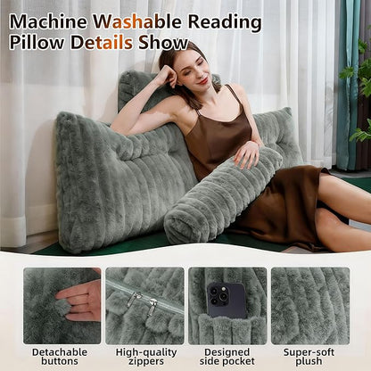 Faux Fur Headboard Pillow King Size, Triangular Wedge Backrest with Removable Head Roll & Side Pocket, Reading Pillow for Bed, Couch, Floor - Ergonomic Support for Neck, Back, Dark Grey