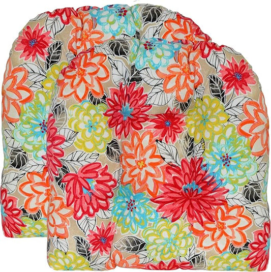 RSH DECOR: Tufted U-Shape Wicker Seat Cushions Set of 2 | 19” x 19” | All-Weather Spun Fabric | Water-Resistant | Outdoor Chair Cushions for Patio Furniture | Artistic Floral - Made in USA