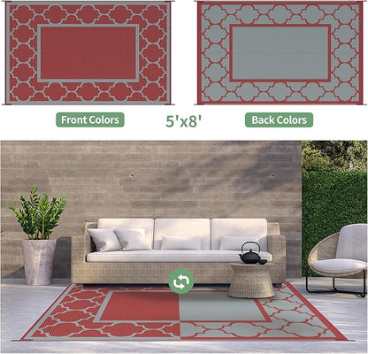 GENIMO 5' x 8' Outdoor Rug Waterproof for Patio Christmas Decor, Foldable Reversible Plastic Straw Area Rugs Mat for Camper, Outside Carpet for Rv, Deck, Porch, Picnic, Beach, Balcony, Red & Grey