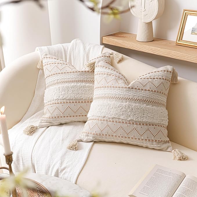 BlissBlush Decorative Throw Pillow Cover 18X18 Combo Set of 2 Square Cream Neutral White Boho Accent Pillowcase Tassels Farmhouse Cushion for Couch Sofa Bedroom Living Room Home Décor Cover ONLY