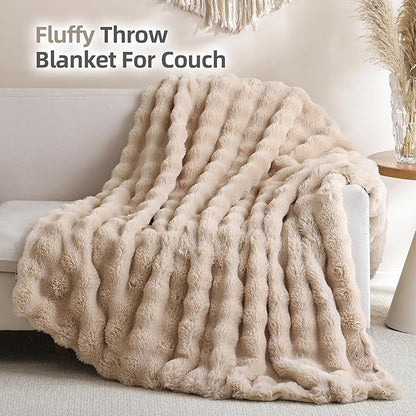 Smoofy Faux Fur Throw Blanket for Couch – Linen Fluffy Cozy Rabbit Fleece, Plush Soft Bubble Blanket for Sofa & Bed, for Mom, Warm Fuzzy Home Room Decor Throw 50" x 60"