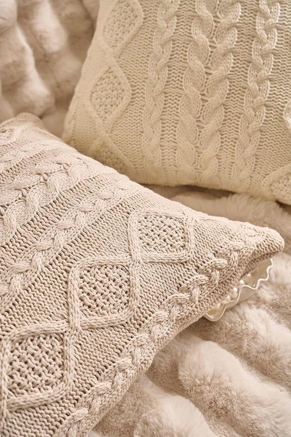 DOKOT Knit Throw Pillow Cover Decorative Cable Braid and Diamond Knitting Square Warm Cushion Cover (Beige, (18x18 inches(45x45cm))