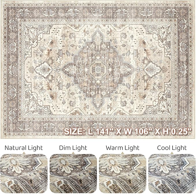 9x12 Area Rug Living Room: Washable Boho Large Neutral Vintage Soft Rugs Stain Resistant Farmhouse Non Slip Indoor Floor Carpet for Bedroom Nursery Kids Playroom Office Dining Room Home Decor- Brown