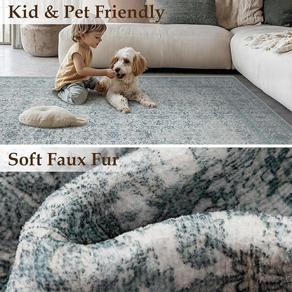 Blue Area Rug 3x5 Washable Office Entryway Carpet Soft Vintage Indoor Kitchen Living Room Door Mat Traditional Retro Distressed Thicker Throw Small Rug Bedroom Dining Room Bathroom