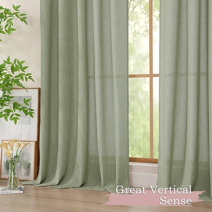 Simplebrand Sage Green Faux Linen Textured Curtains 63 Inch Length 2 Panels for Bedroom, Semi Sheer Light Filtering Privacy Farmhouse Curtains, Soft Thick Rod Pocket Window Drapes, 40W x 63L Inch