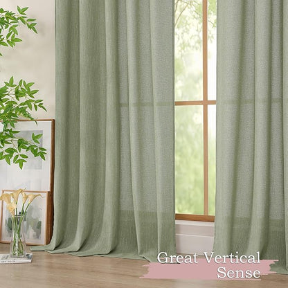 Simplebrand Sage Green Faux Linen Textured Curtains 63 Inch Length 2 Panels for Bedroom, Semi Sheer Light Filtering Privacy Farmhouse Curtains, Soft Thick Rod Pocket Window Drapes, 40W x 63L Inch