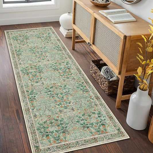 MUJOO Washable Runner Rug Green,Floral 2x6 Runners for Hallway Kitchen Bedroom Bedside Bathroom Laundry Room,Long Non Slip Throw Carpet Boho Indoor Botanical Vintage Ultra-Thin