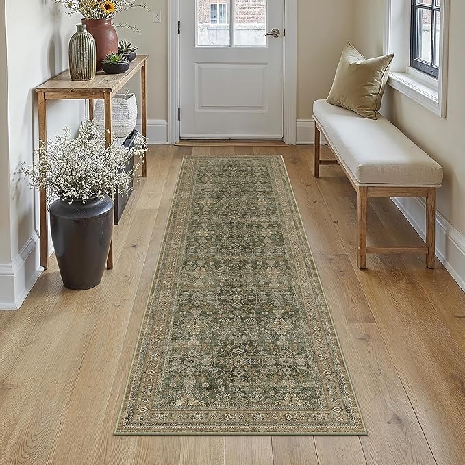 Hallway Runner Rug 2x8 Green Brown Vintage Washable Kitchen Carpet Traditonal Distressed Soft Non Slip Long Runner Retro Low Pile Thin Rug for Laundry Bedroom Entrance Bathroom