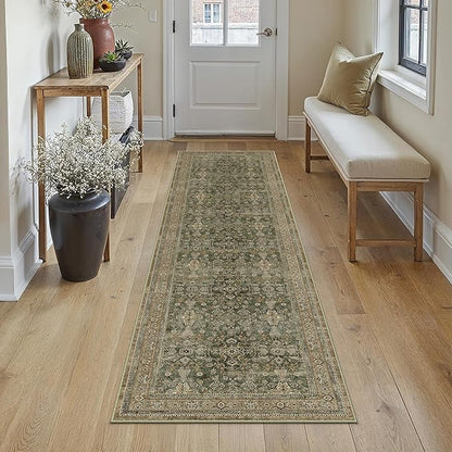 Hallway Runner Rug 2x8 Green Brown Vintage Washable Kitchen Carpet Traditonal Distressed Soft Non Slip Long Runner Retro Low Pile Thin Rug for Laundry Bedroom Entrance Bathroom