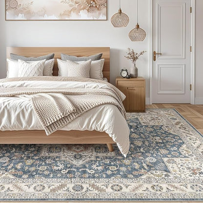 Vintage Living Room Area Rug 12x15 - Large Soft Washable Oriental Traditional Distressed Farmhouse Rugs for Bedroom - Indoor Floor Accent Carpet for Home Office House Decor - Vintage Blue