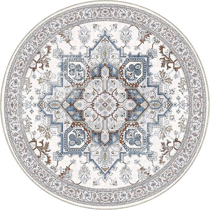 OPPODREAM Thin Round Rug 5ft, Neutral Washable Circle Rug 5ft with Non Slip Backing Play Room, Low-Pile Carpet 5 ft, Faux Cashmere Throw Carpet, Cream White & Blue & Light Brown