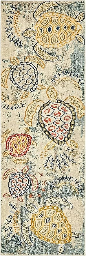 Unique Loom Positano Collection Coastal Modern Turtles Beige Runner Rug (2' x 7')