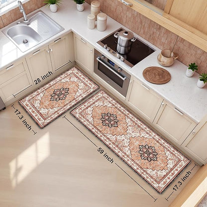 Boho Kitchen Mats for Floor 2 Piece Set Anti Fatigue Cushioned PVC Kitchen Rugs Non Slip Waterproof Farmhouse Mats 2/5 Inch Comfort Standing Mat for Sink, Laundry, Office, 17.3"x59"+17.3"x28", Orange