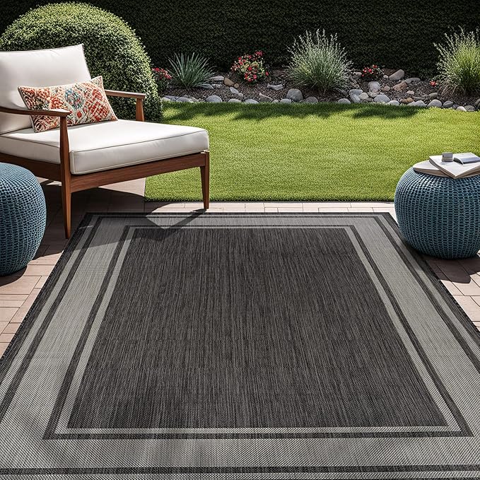 Beverly Rug Large Outdoor Rug 10x14 Modern Bordered Area Rugs for Indoor and Outdoor Patio Deck Porch Garden Waterproof Weather Sun Resistant Washable Outside Carpet (10 x 14 Dark Gray)