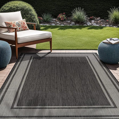 Beverly Rug Large Outdoor Rug 10x14 Modern Bordered Area Rugs for Indoor and Outdoor Patio Deck Porch Garden Waterproof Weather Sun Resistant Washable Outside Carpet (10 x 14 Dark Gray)