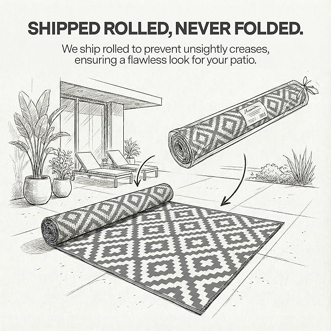 FH Home Outdoor Rug - Waterproof, Fade Resistant, Reversible - Premium Recycled Plastic - Geometric - Large Patio, Deck, Sunroom, Camping, RV - Aztec - Gray & White Crease Free - 6 x 9 ft