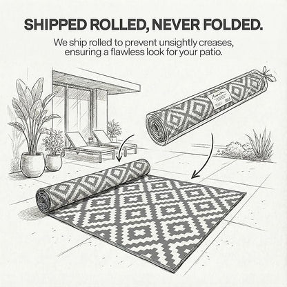 FH Home Outdoor Rug - Waterproof, Fade Resistant, Reversible - Premium Recycled Plastic - Geometric - Patio, Deck, Porch, Balcony, Laundry Room - Aztec - Gray & White Crease Free - 4 x 6 ft