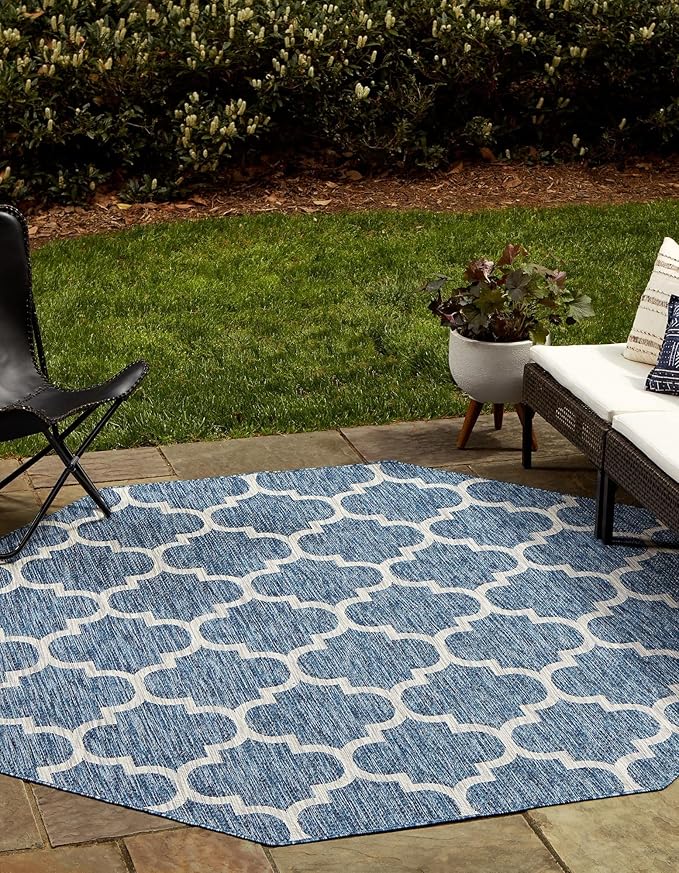 Unique Loom Outdoor Trellis Collection Area Rug - Trellis (Octagon 8' 0" x 8' 0", Navy Blue/ Ivory)