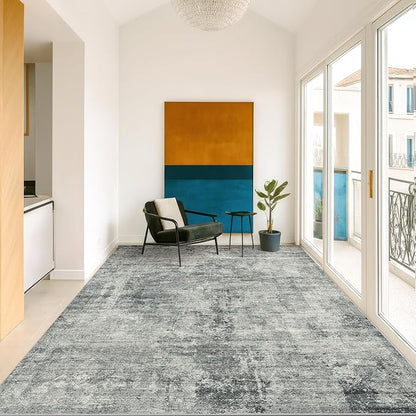 Slate Blue Abstract 5x7 Rug for Office - Dark Grey and Blue Bedroom Rug for Living Room, Washable, Non Slip & Soft, Medallion Indoor Décor