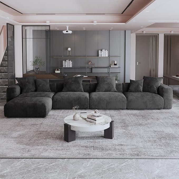 JACH 181" Oversized Modular Sectional Sofa, Deep 4-Seats Sectional Couch with Chaise Ottoman, Huge Plus Convertible Soft Sofas, Corduroy Minimalist Couches for Living Room, Office, Apartment, Black