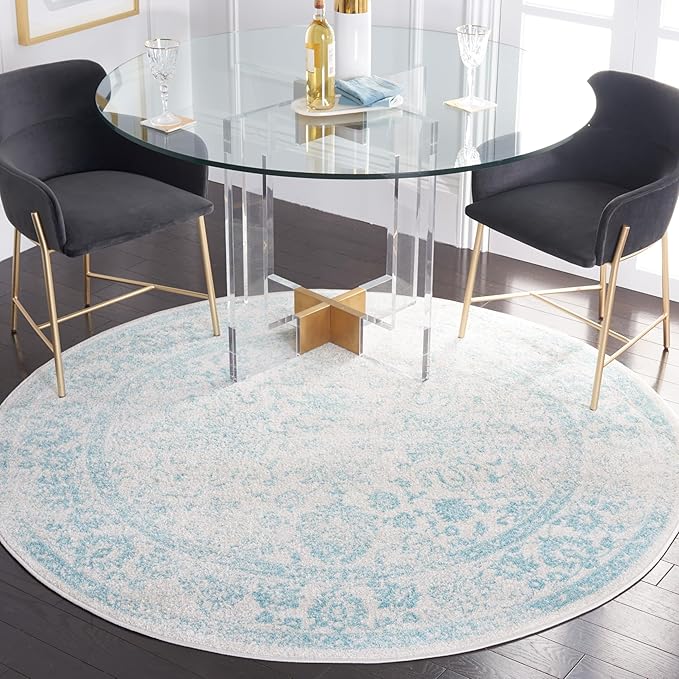 SAFAVIEH Adirondack Collection Area Rug - 8' Round, Ivory & Light Blue, Distressed Vintage Floral Design, Non-Shedding & Easy to Clean, Ideal for Living Room, Bedroom, Dining Space (ADR109L)