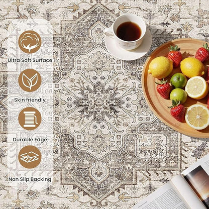 Vintage Living Room Area Rug 3x5 - Large Soft Washable Oriental Traditional Distressed Farmhouse Rugs for Bedroom - Indoor Floor Accent Carpet for Home Office House Decor - Light Brown