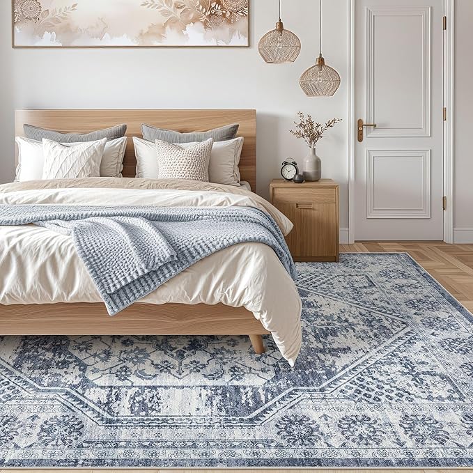 Vintage Living Room Area Rug 6x9 - Large Soft Washable Oriental Traditional Distressed Farmhouse Rugs for Bedroom - Indoor Floor Accent Carpet for Home Office House Decor - Distressed Blue