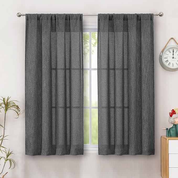 Simplebrand Grey Semi Sheer Faux Linen Textured Curtains 54 Inch Length 2 Panels Set, Rod Pocket Farmhouse Short Curtain Drapes for Dinning Small Windows Bathroom Bedroom, Each 40Wx54L in, Grey