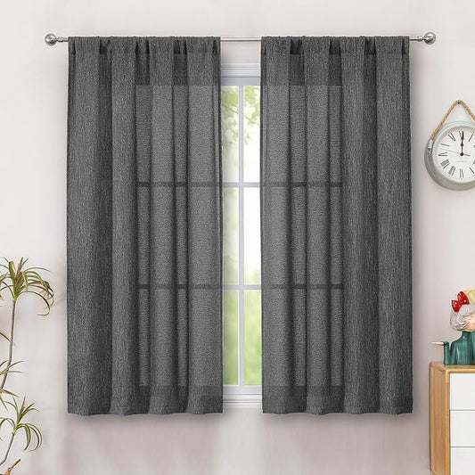 Simplebrand Grey Semi Sheer Faux Linen Textured Curtains 54 Inch Length 2 Panels Set, Rod Pocket Farmhouse Short Curtain Drapes for Dinning Small Windows Bathroom Bedroom, Each 40Wx54L in, Grey
