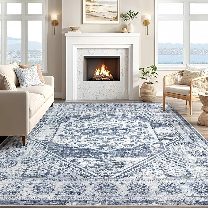 Vintage Living Room Area Rug 9x12 - Large Soft Washable Oriental Traditional Distressed Farmhouse Rugs for Bedroom - Indoor Floor Accent Carpet for Home Office House Decor - Distressed Blue