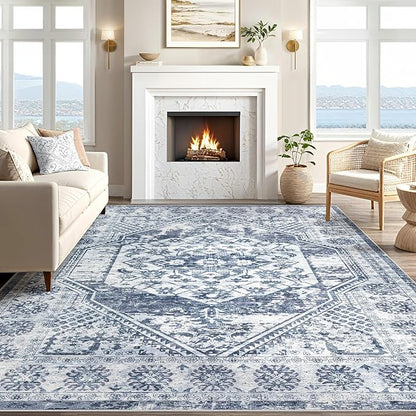 Vintage Living Room Area Rug 9x12 - Large Soft Washable Oriental Traditional Distressed Farmhouse Rugs for Bedroom - Indoor Floor Accent Carpet for Home Office House Decor - Distressed Blue