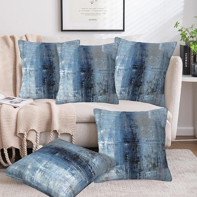 Throw Pillow Cover Case Blue and Grey Abstract Art Pillow Covers 18x18 Inch Set of 2,Soft Decorative Throw Pillow Case for Living Room Bedroom Sofa Couch Cushion Covers