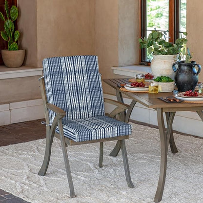 Arden Outdoor Dining Chair Cushion, 20 in x 20 in, Weather-Proof, Rain-Proof, Fade Resistant Patio Cushion for Patio, Dining, or Rocking Chairs 20 x 20, Blue Shibori Stripe