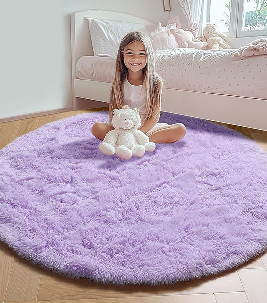 ONASAR Light Purple Round Area Rug 4ft, Soft Bedroom Circle Rugs Floor Mats for Kids Girls Teen Room, Cute Fluffy Plush Shaggy Carpet for Baby Nursery Living Room Playroom Dorm Home Decor
