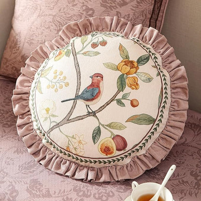 Pink Farmhouse Round Throw Pillow Covers, Birds and Flowers Pattern Cozy Velvet Pillowcases,Decoration Pillows Cushion Covers for Couch Sofa Bed Car Chair,Diameter 16"