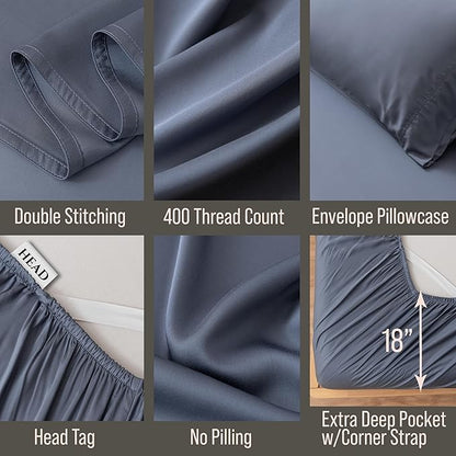 Bella Coterie 6 Piece Luxury Bamboo Viscose Split Top King Size Sheet Set | 34" Split for Adjustable Beds | 100% Organically Grown| Cooling | 18” Deep Pocket | 4 Pillowcases [Slate Blue]