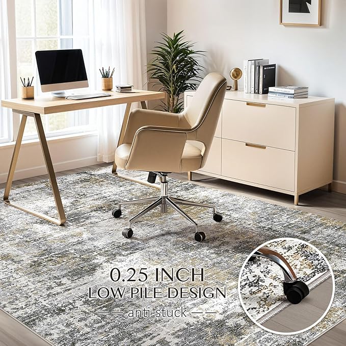 Abstract Living Room Rug 7x9 - Modern Washable Soft Thin Area Rug for Living Room Bedroom Under Dining Table - Neutral Indoor Floor Rug Carpets for Home Office Playroom Nursery - Black Gold