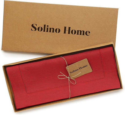 Solino Home Linen Red Table Runner 108 Inches Long - 100% Pure Linen 14 x 108 Inch Table Runner for Christmas, Holiday, Winter, New Year - Classic Hemstitch