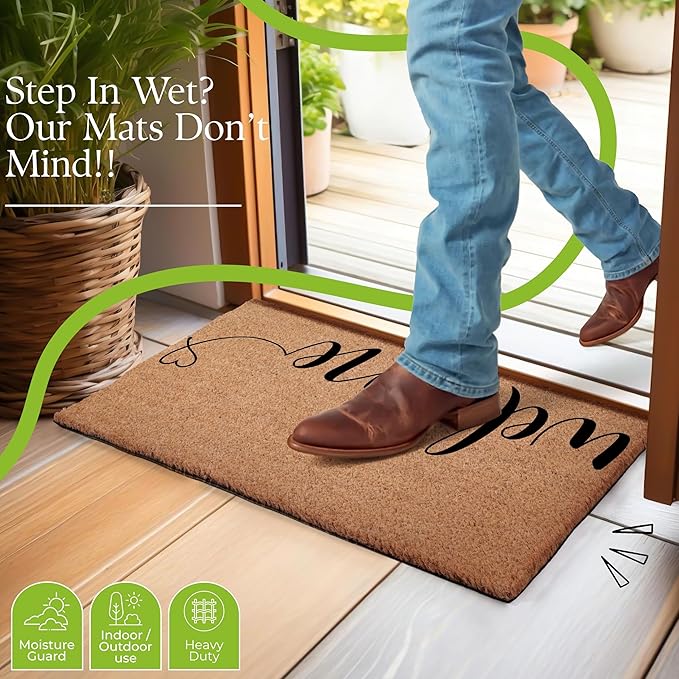 Coir Door Mats 17" X 30", Non-Slip Sturdy, PVC Backed Heavy Duty, Easy to Clean, Ideal for Door Entrance, Patio, Porch, Backyard, Garages, Welcome with Love