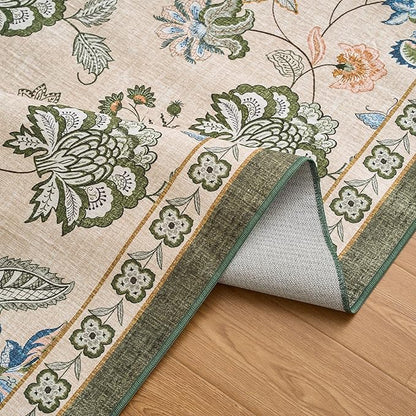 jinchan Elora Floral Corner Rug for Entryway Washable Rug Vintage Romance Christmas Design Non Slip Quarter Circle Lightweight Low-Pile Throw Carpet for Playroom Nook Nursery 4ft Radius, Green/Beige