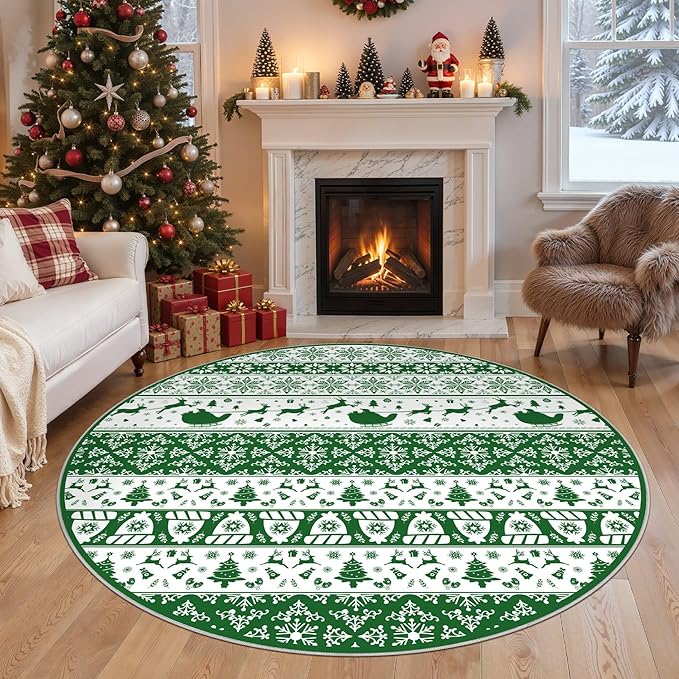 Abstract Living Room Rug Round 6FT - Modern Washable Christmas Soft Thin Area Rug for Living Room Bedroom Under Dining Table - Neutral Indoor Floor Rug Carpets for Home Office Playroom Nursery - Green