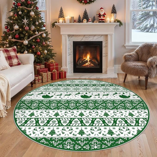 Abstract Living Room Rug Round 6FT - Modern Washable Christmas Soft Thin Area Rug for Living Room Bedroom Under Dining Table - Neutral Indoor Floor Rug Carpets for Home Office Playroom Nursery - Green