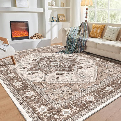 OPPODREAM Thin 6x9 Area Rugs, Washable Rug 6x9 with Non Slip Backing, Faux Cashmere Low-Pile 6 x 9 Carpet, Khaki