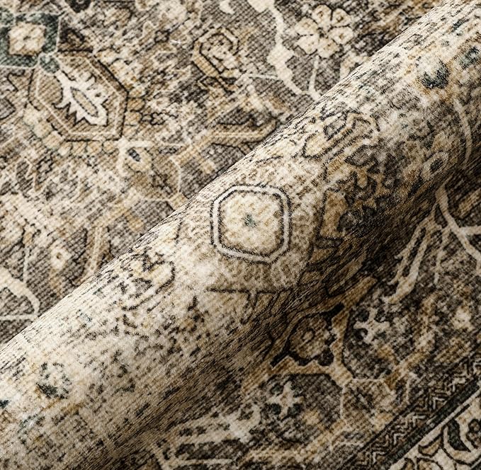 Brown Round Area Rug 4ft Entryway 4x4 Circle Vintage Indoor Kitchen Washable Door Mat Living Room Carpet Non Slip Traditional Distressed Retro Accent Throw Rug Office Dining Room Bathroom