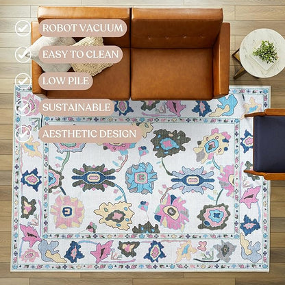 Fame Living Colorful Oushak Rug, Modern Small Rugs, Vintage, Turkish, Eclectic, Floral, Pastel, Washable, Door Mat, Doormat for Indoor Entrance, Entryway, Kitchen, Bathroom, Bedroom, Laundry, 2'x3'