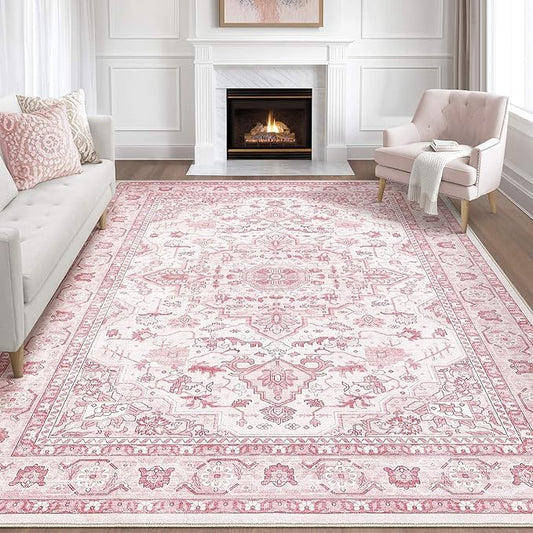 Pink Rugs for Bedroom Girls: 8x10 Washable Boho Large Neutral Cute Soft Area Rug Stain Resistant Floral Farmhouse Non Slip Indoor Floor Carpet for Living Room Nursery Kids Playroom Preppy Room Dorm
