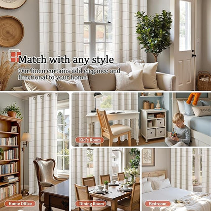 Brown Plaid Linen Blackout Curtains for Bedroom - Boho Style Curtains Thermal Insulated, Pattern Printed Rustic Drapes Cottage Window Treatments for Farmhouse, 52x63 Inch 2 Panels