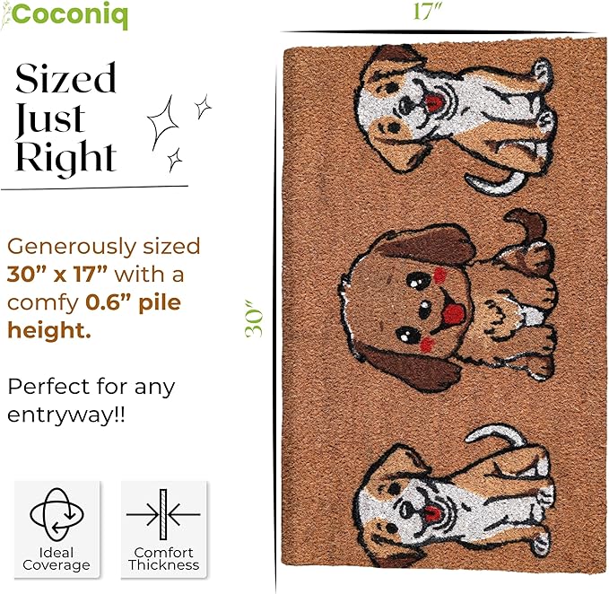 Coir Door Mats 17" X 30", Non-Slip Sturdy, PVC Backed Heavy Duty, Easy to Clean, Ideal for Door Entrance, Patio, Porch, Backyard, Garages, The 3 Cute Musketeer Puppies