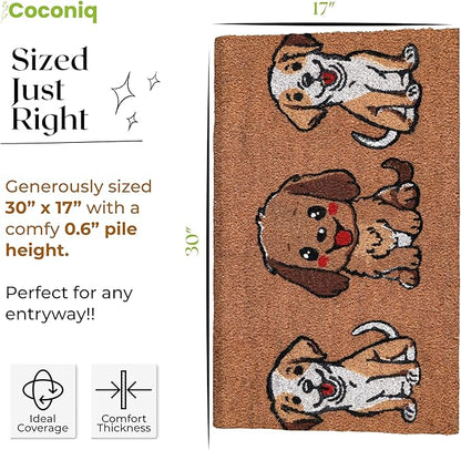 Coir Door Mats 17" X 30", Non-Slip Sturdy, PVC Backed Heavy Duty, Easy to Clean, Ideal for Door Entrance, Patio, Porch, Backyard, Garages, The 3 Cute Musketeer Puppies