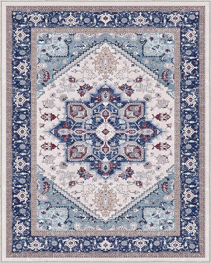 OPPODREAM Thin 8x10 Area Rugs, Washable Rugs 8x10 with Non Slip Backing, Faux Cashmere Low-Pile 8 x 10 Carpet, Navy Blue & Red & Cream